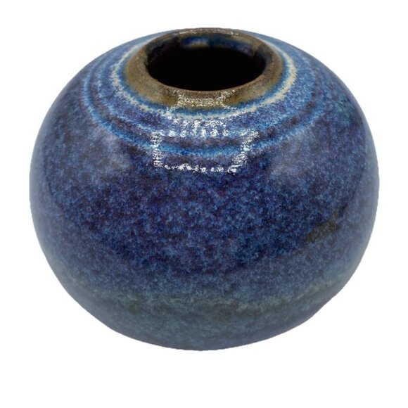 Studio Pottery Round Blue Vase Signed 2.75 in Tall Handmade Artisan Collectible - Picture 5 of 13